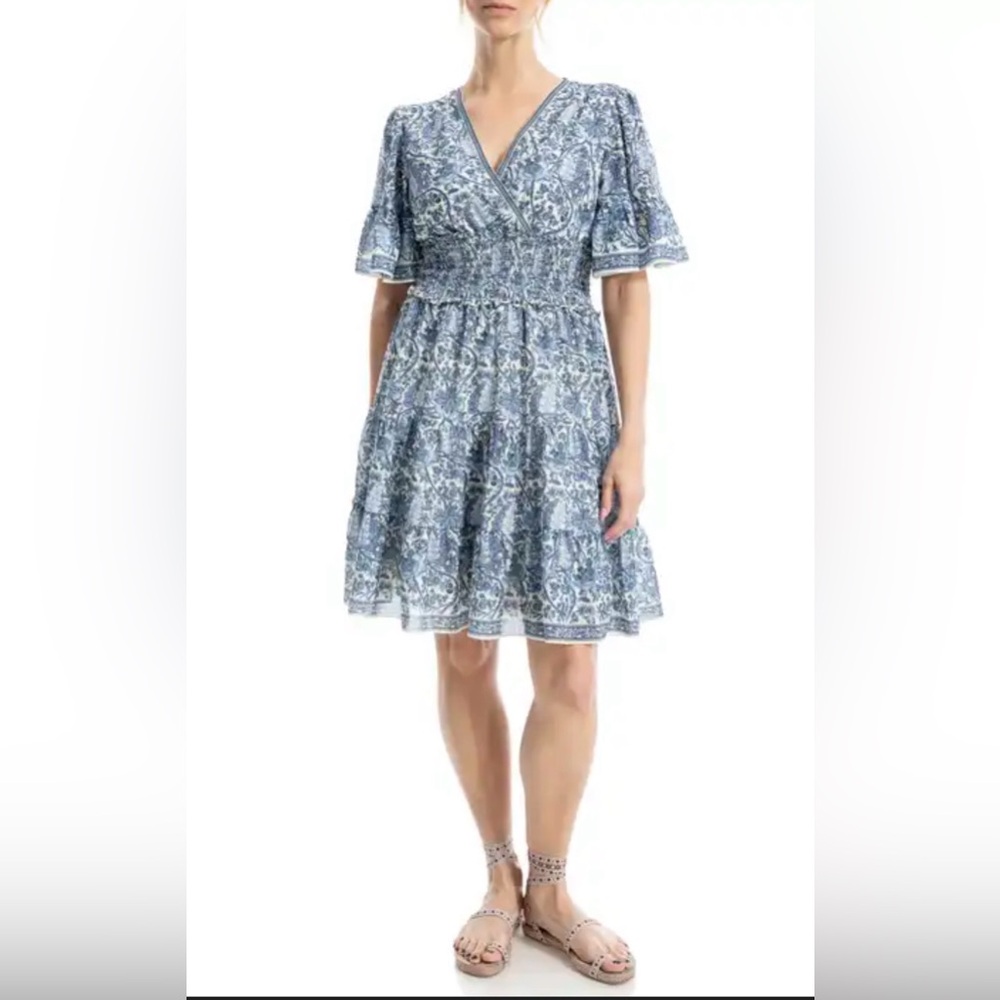 NEW Max Studio Blue White Flutter Sleeve Flirty Midi Dress Size Small - Picture 3 of 12